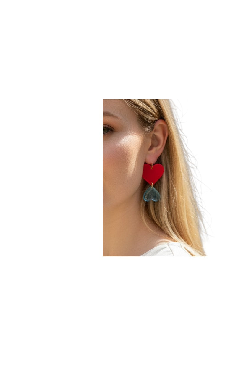 Artymunk3y Double Heart Dangle Earrings: red heart above translucent blue heart with silver-toned hooks.