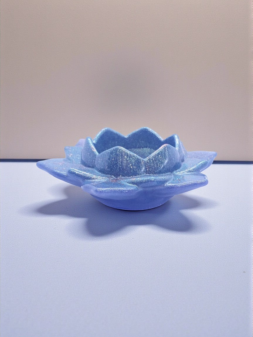 Artymunk3y iridescent blue lotus flower tealight candle holder with glitter accents