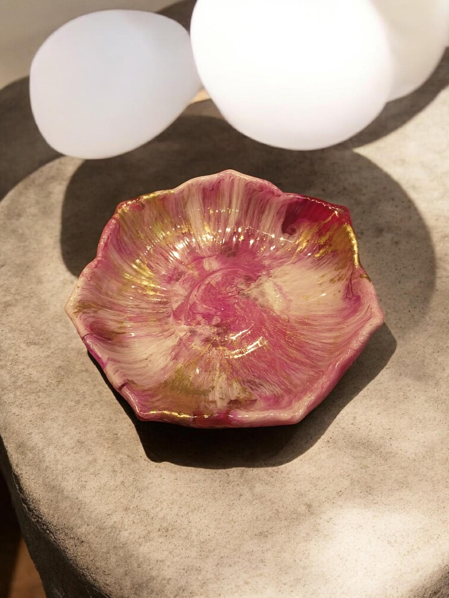 Artymunk3y decorative petal shaped trinket dish in pink, white, and gold. Scalloped edges, glossy finish.