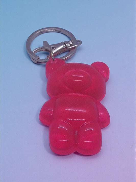 Artymunk3y pink translucent resin gummy bear keychain accessory with silver keyring