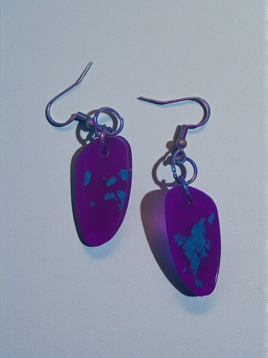 Artymunk3y purple stone drop earrings with blue accents and hypoallergenic hooks.