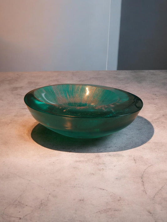Artymunk3y teal resin trinket dish with gold and white swirl design, shallow bowl for jewelry or keys.