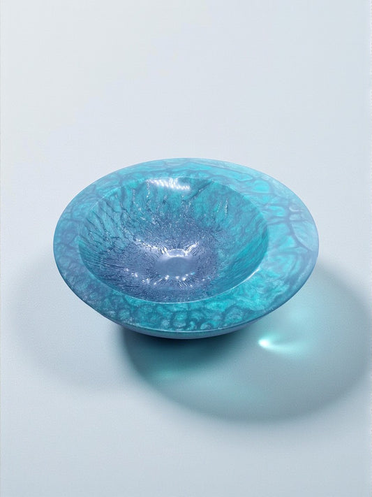 Artymunk3y blue and teal resin decorative bowl with textured exterior and glossy interior.