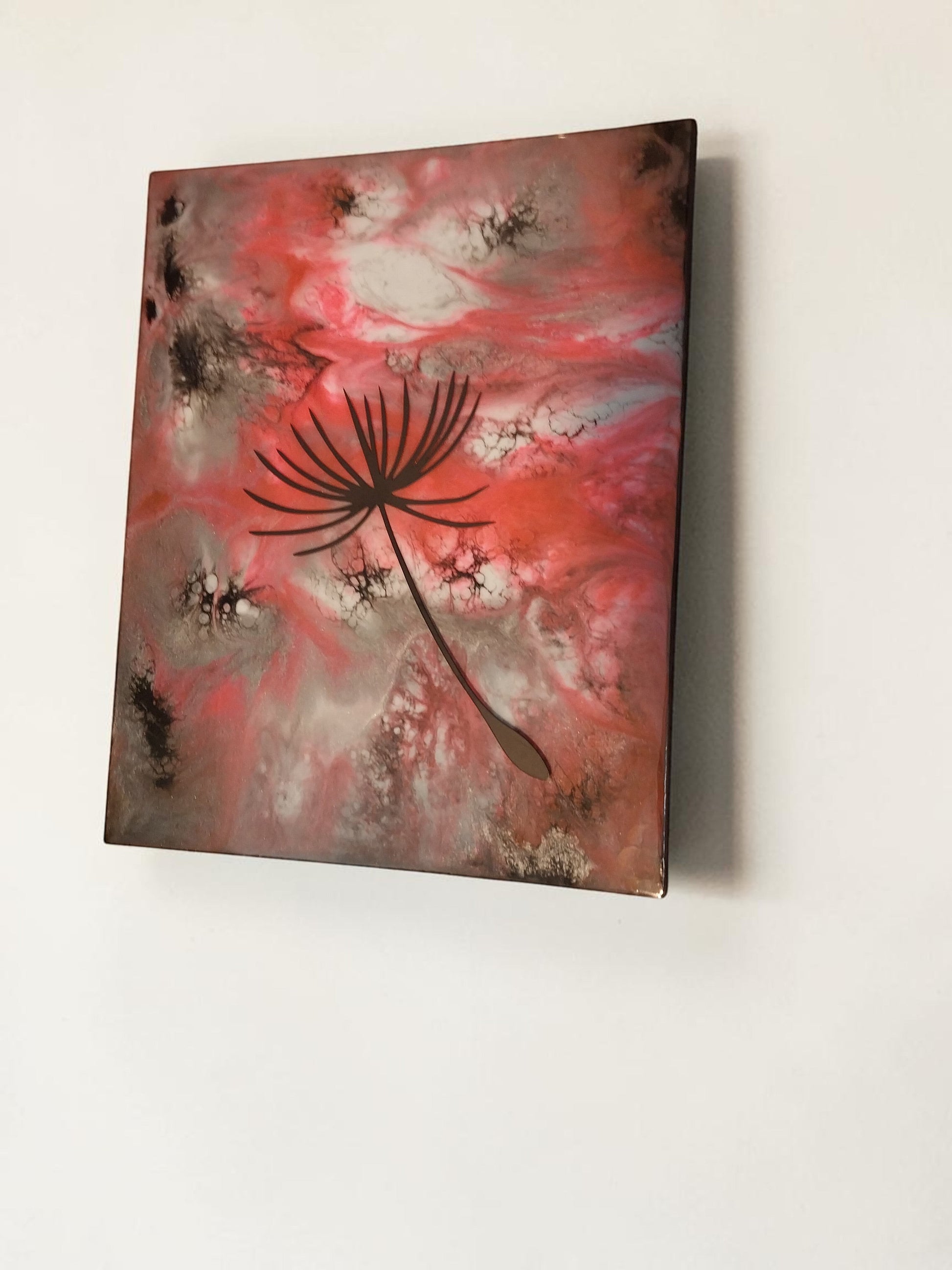 Artymunk3y dandelion seed resin wall art with pink, white, and earthy abstract swirls and a high-gloss finish.