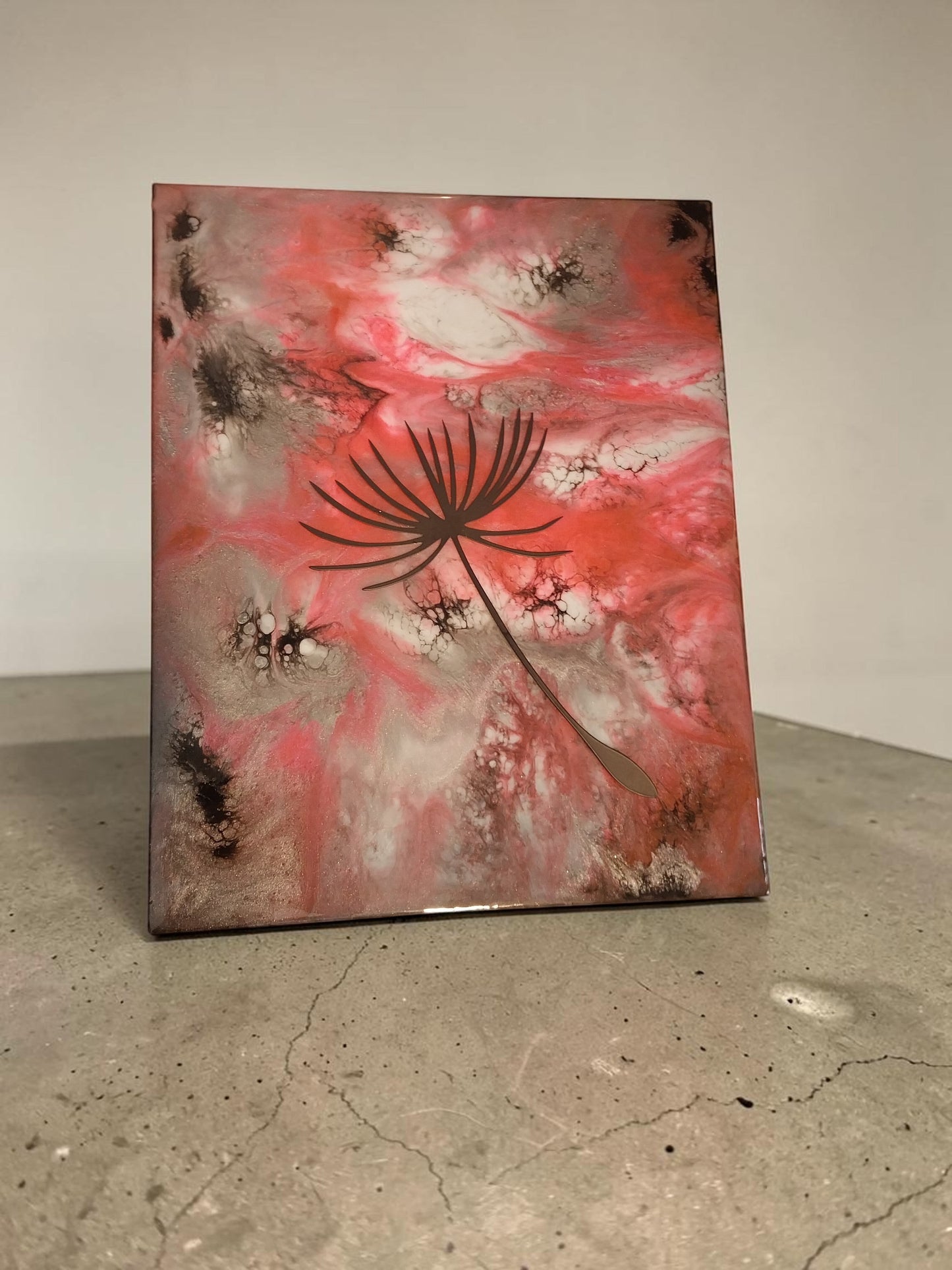 Artymunk3y dandelion seed resin wall art with abstract pink, white, and earthy tones and a high-gloss finish.