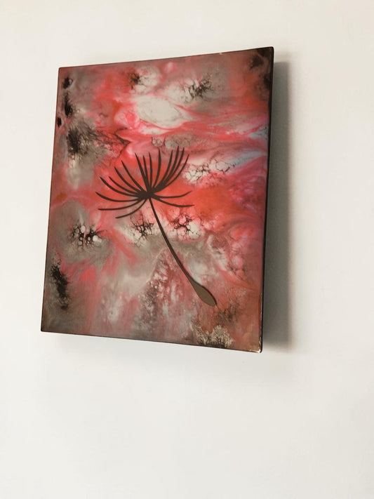 Artymunk3y dandelion seed resin wall art with pink and earthy abstract tones and a high-gloss finish.