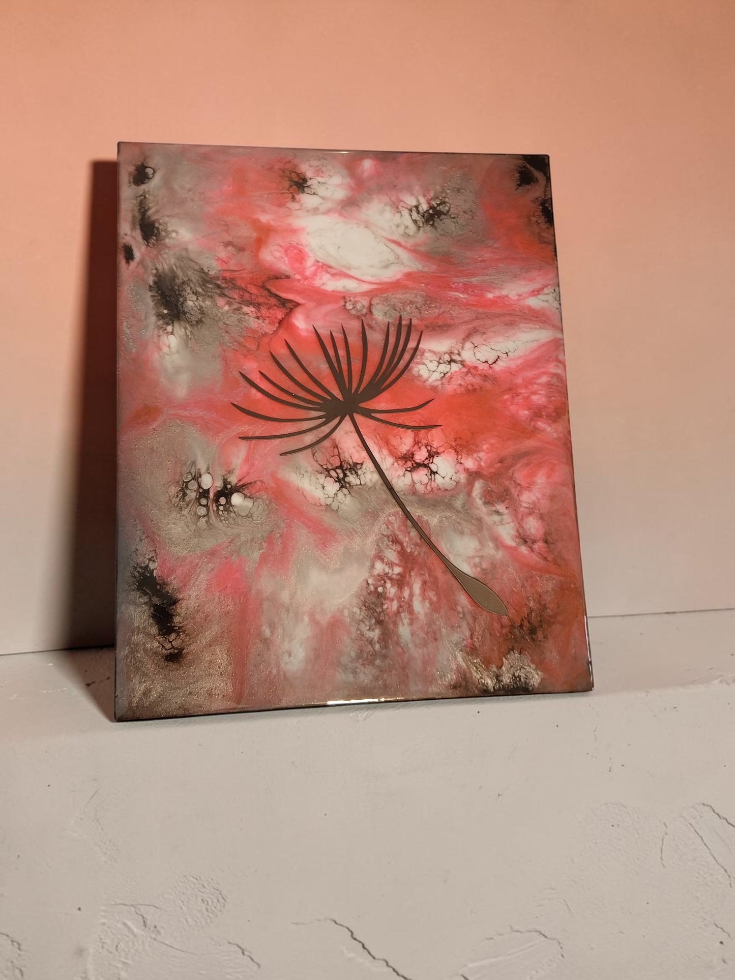 Artymunk3y dandelion seed resin wall art with pink, white, and earthy abstract swirls and a high-gloss finish.