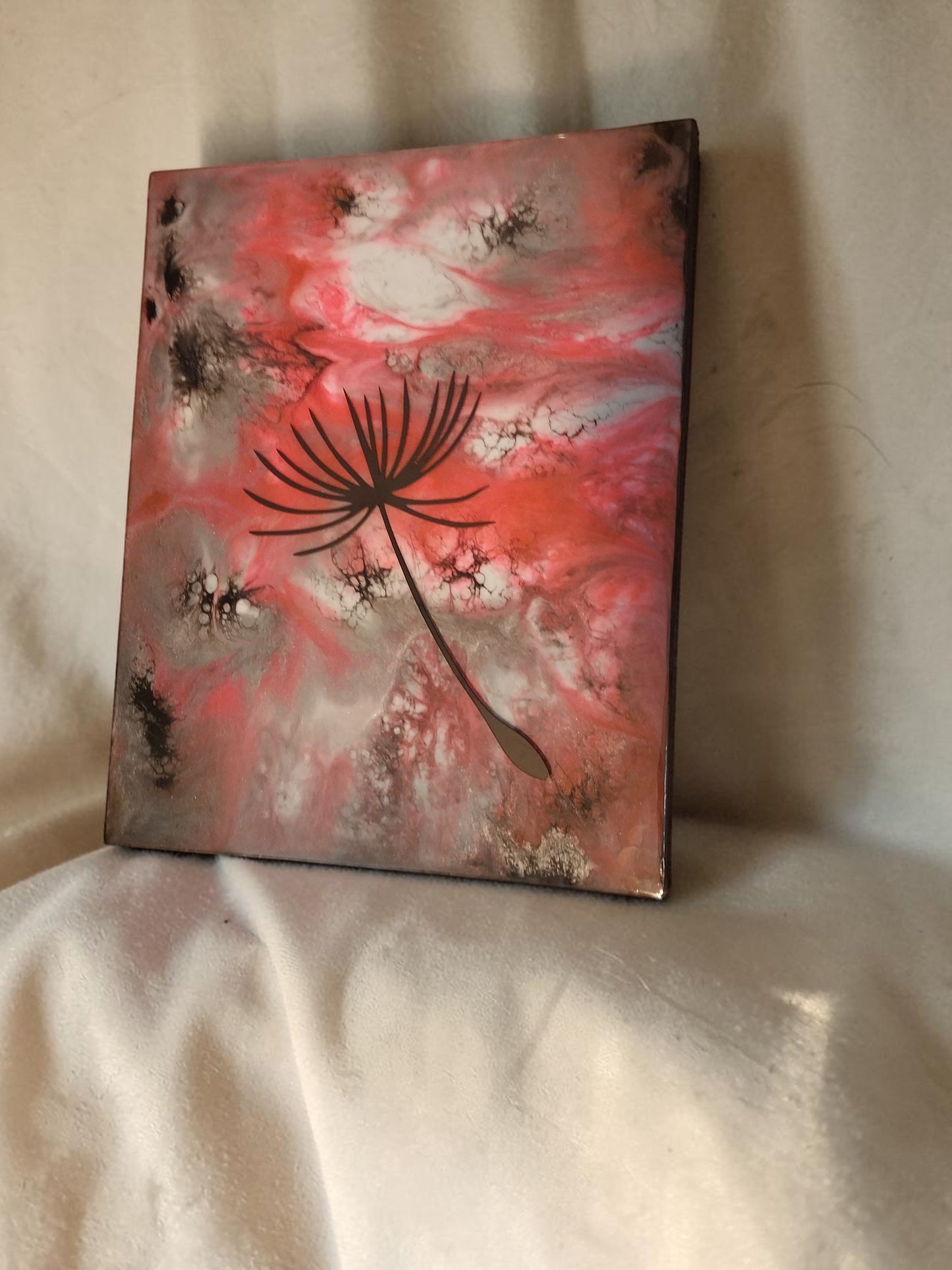 Artymunk3y dandelion seed resin wall art with pink, white, and earthy abstract background and high-gloss finish.