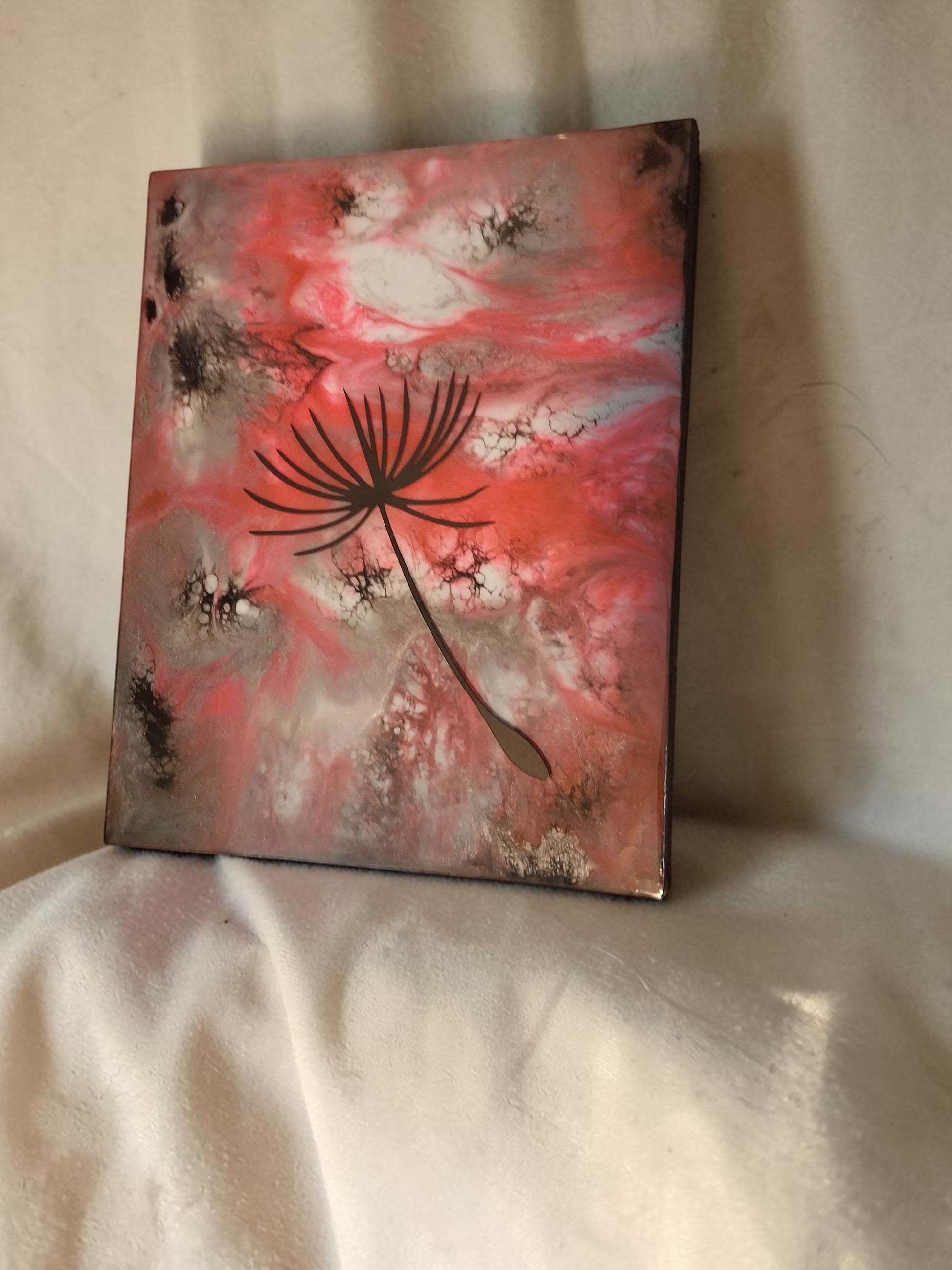 Artymunk3y dandelion seed resin wall art with pink, white, and earthy abstract background and high-gloss finish.