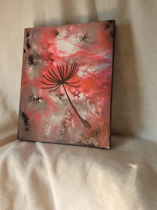 Artymunk3y dandelion seed resin wall art with pink, white, and earthy abstract background and high-gloss finish.