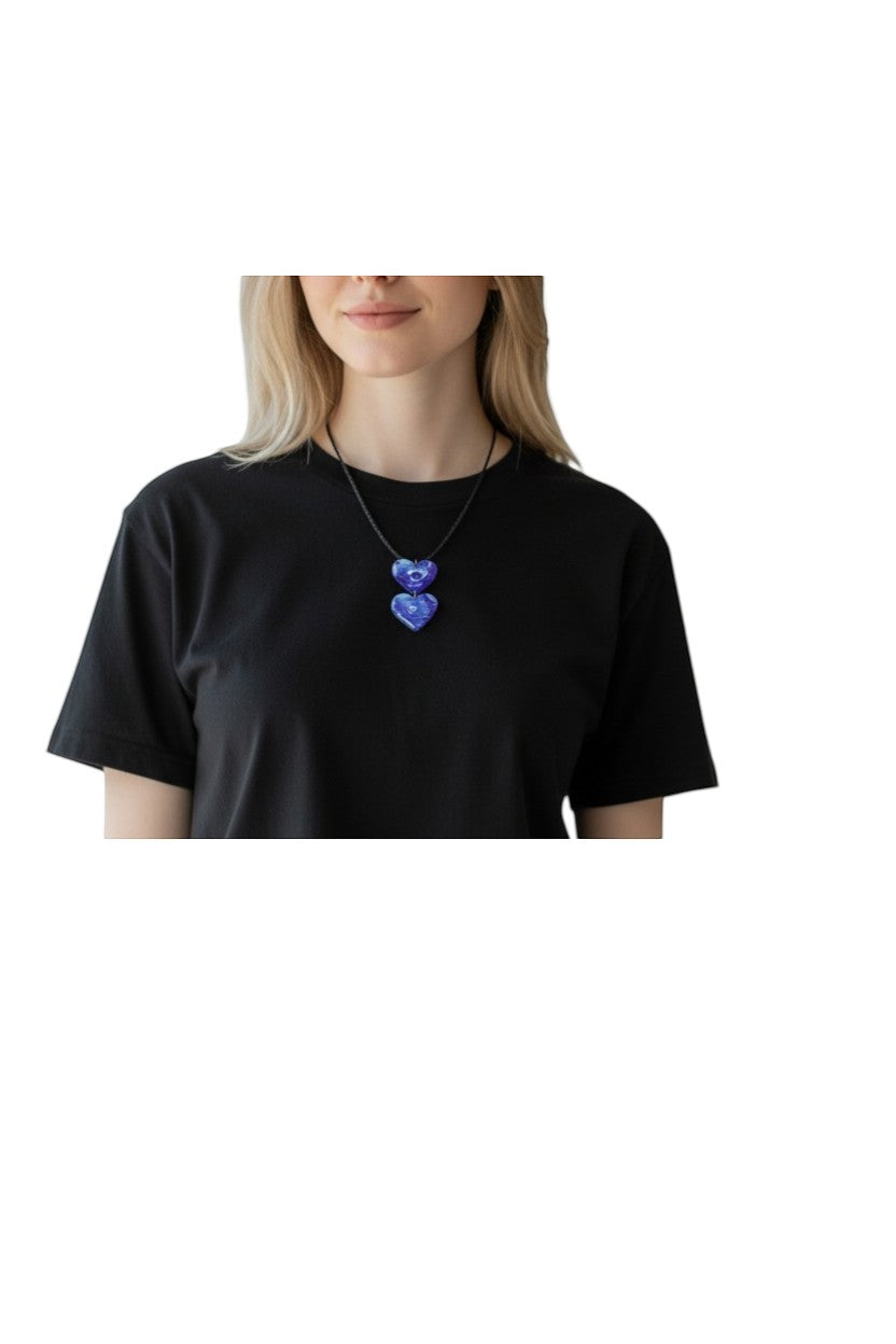 Artymunk3y Double Heart Pendant Necklace with marbled blue pendants on braided black cord.