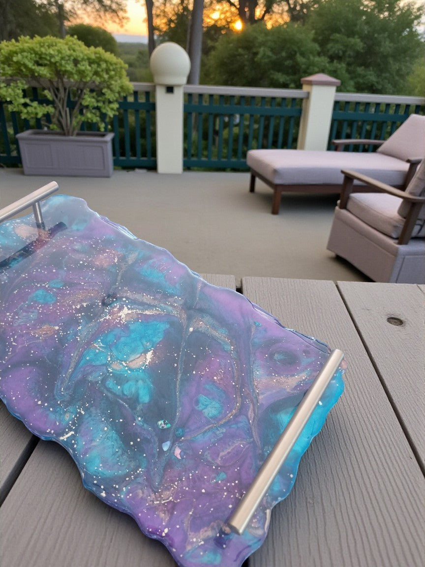 Artymunk3y galaxy resin serving tray with handles, purple and teal swirls with gold and silver accents.