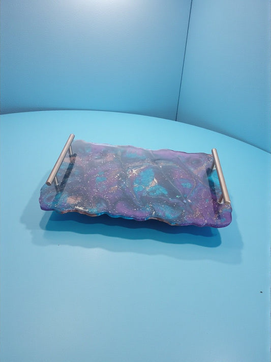 Artymunk3y Galaxy Resin Serving Tray with silver handles, featuring purple, teal, and gold swirls and an organic edge.