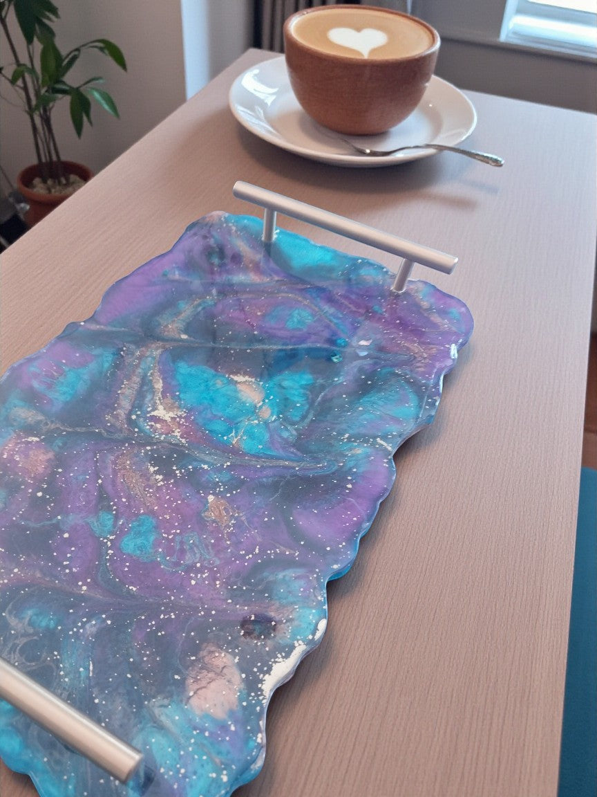 Artymunk3y Galaxy Resin Serving Tray with silver handles, featuring purple, teal, and gold swirls with white speckles.