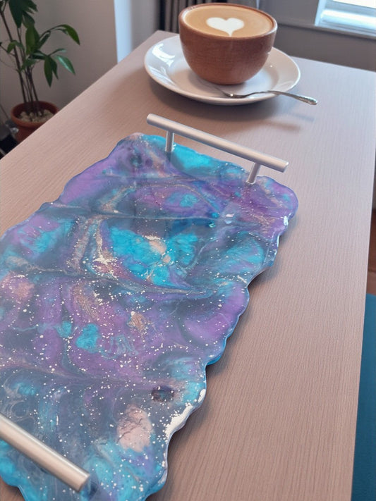Artymunk3y Galaxy Resin Serving Tray with silver handles, featuring purple, teal, and gold swirls with white speckles.