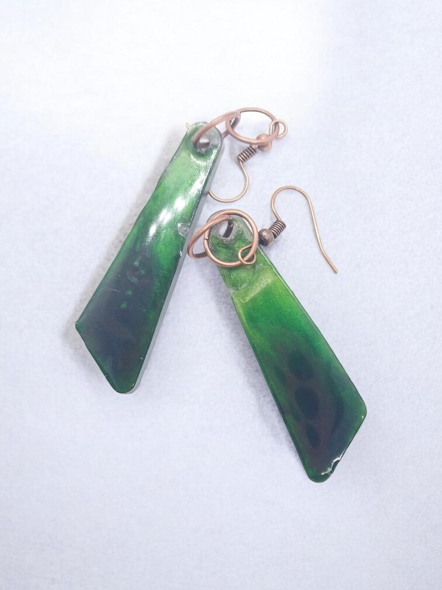 Artymunk3y geometric dangle earrings in emerald and forest green with glossy finish and copper ear wires.