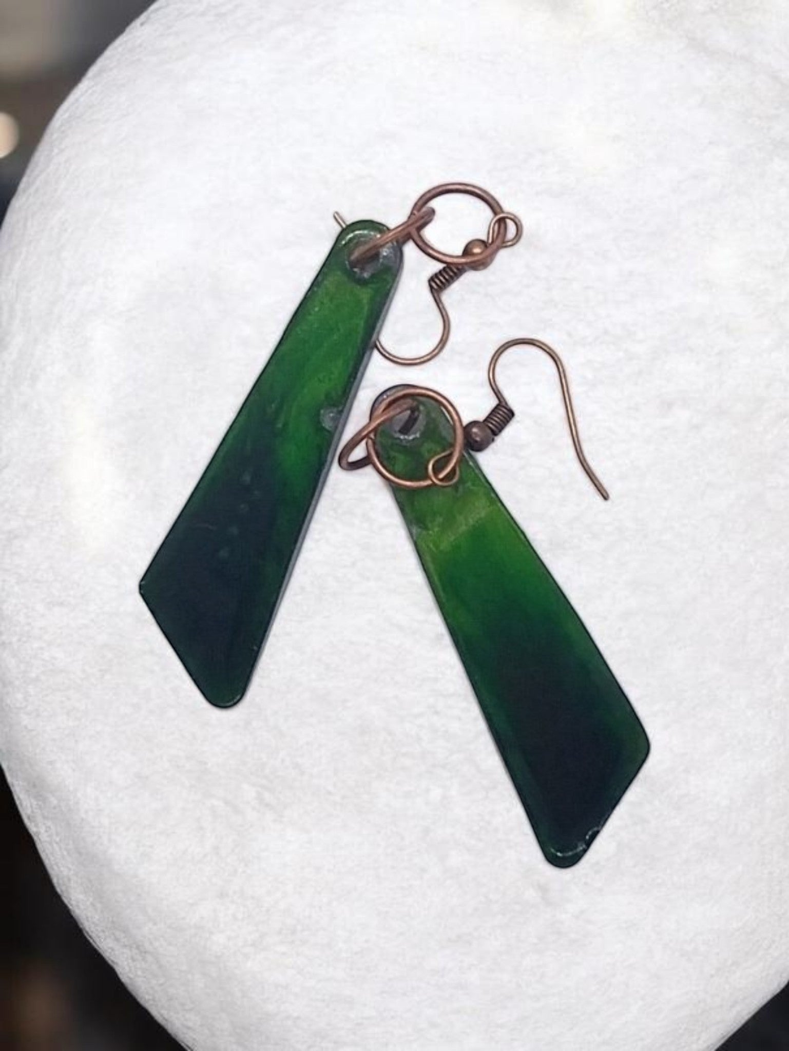 Artymunk3y elongated geometric dangle earrings in emerald and deep green gradient with glossy finish and copper ear wires.