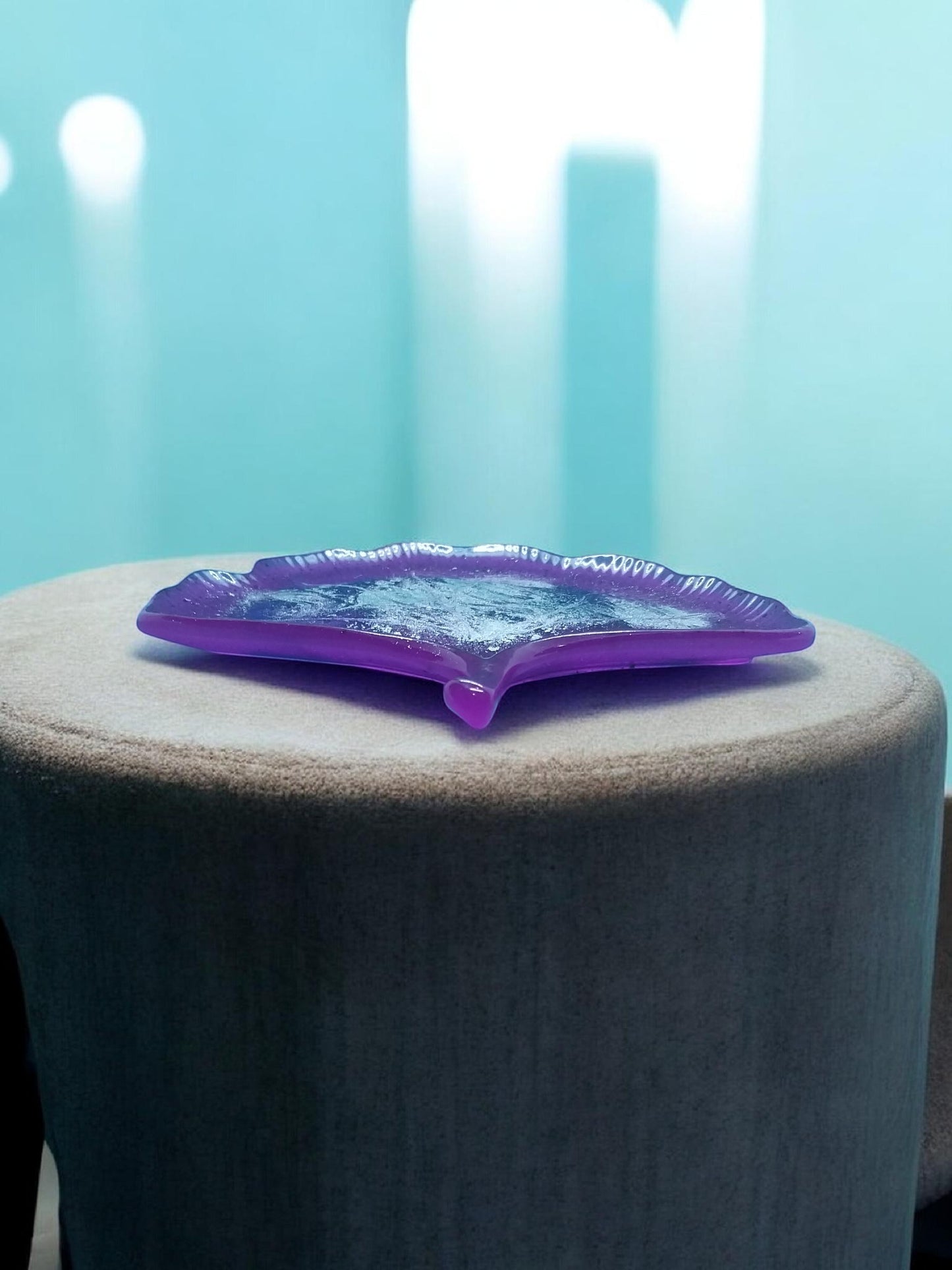 Artymunk3y translucent purple resin trinket dish shaped like a ginkgo leaf with silver flakes.
