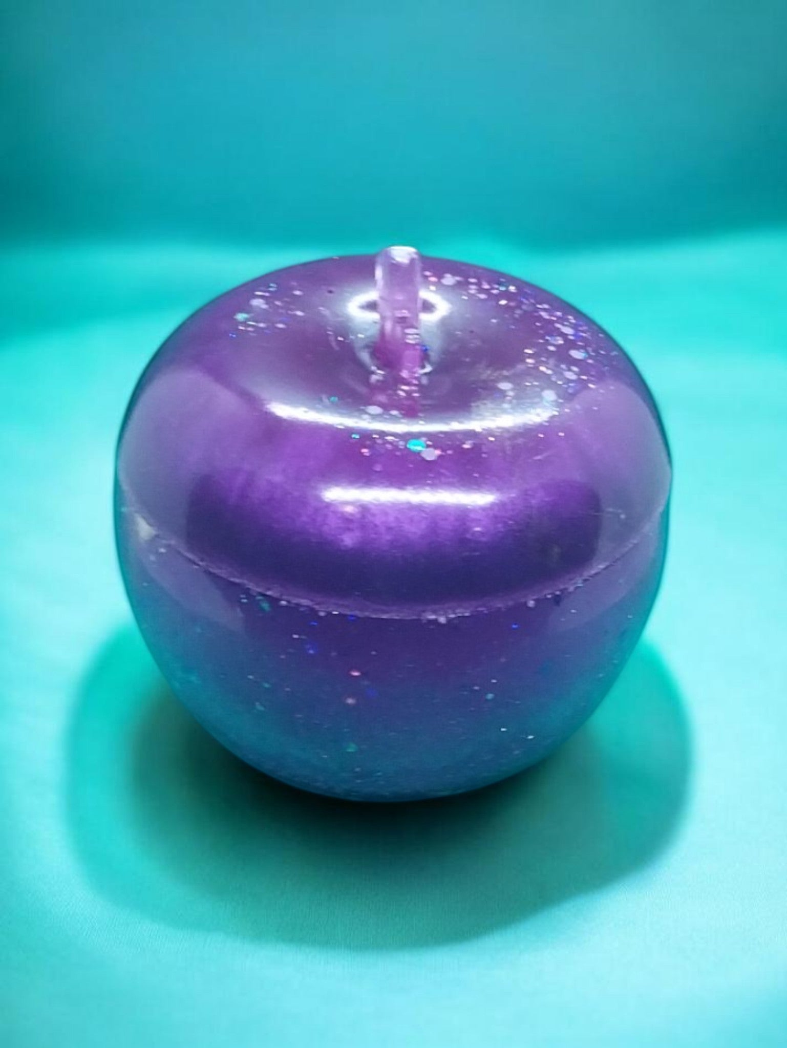 Artymunk3y Glitter Apple Trinket Dish, purple to teal gradient resin with glitter accents and stem detail. Lid lifts off for storage.