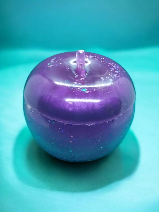 Artymunk3y Glitter Apple Trinket Dish, purple to teal gradient resin with glitter accents and stem detail. Lid lifts off for storage.