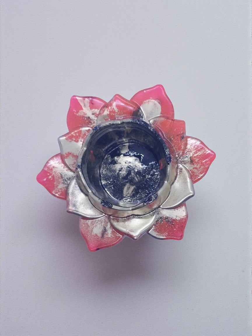 Artymunk3y pink and silver lotus flower candle holder with metallic accents. Holds tealight or votive candles.