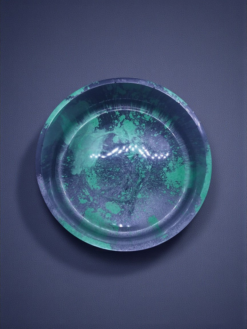 Artymunk3y decorative bowl in marbled resin with swirling grey, black, and emerald green patterns. Smooth finish.