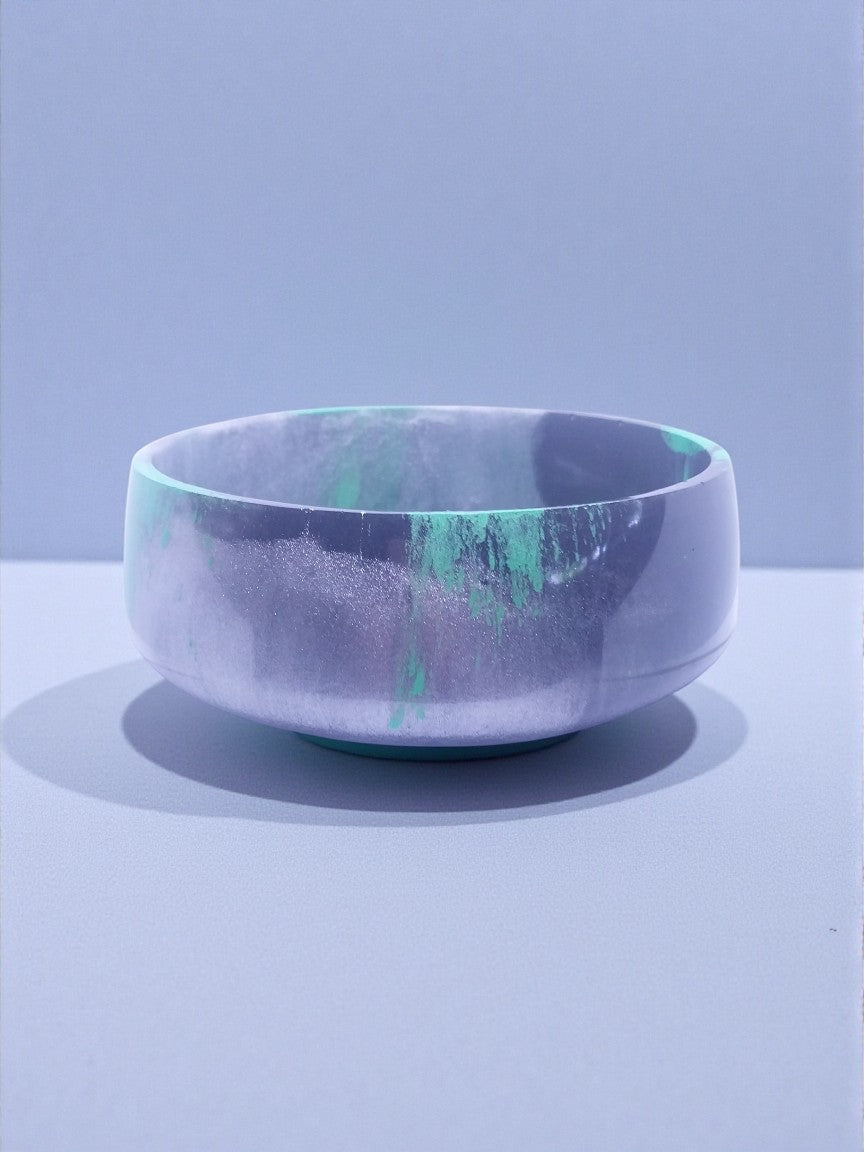 Artymunk3y decorative bowl in marbled grey, black, and emerald green resin. Smooth finish, unique handcrafted design.