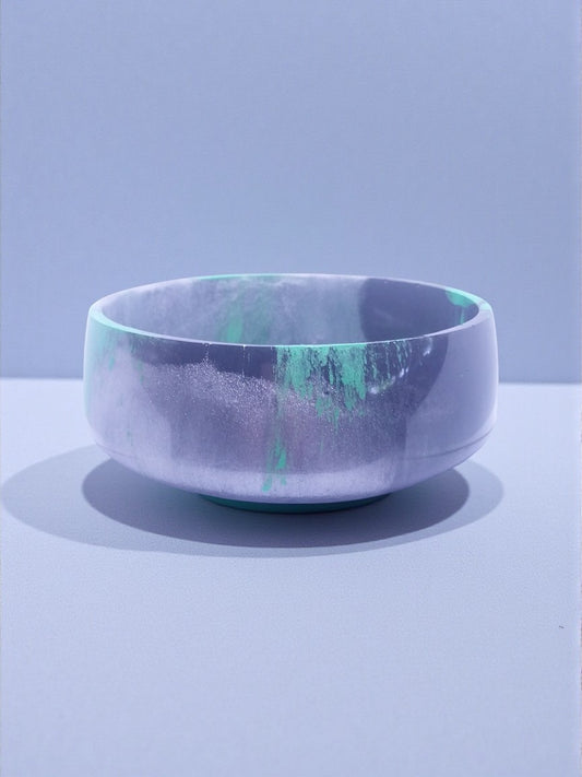 Artymunk3y decorative bowl in marbled grey, black, and emerald green resin. Smooth finish, unique handcrafted design.