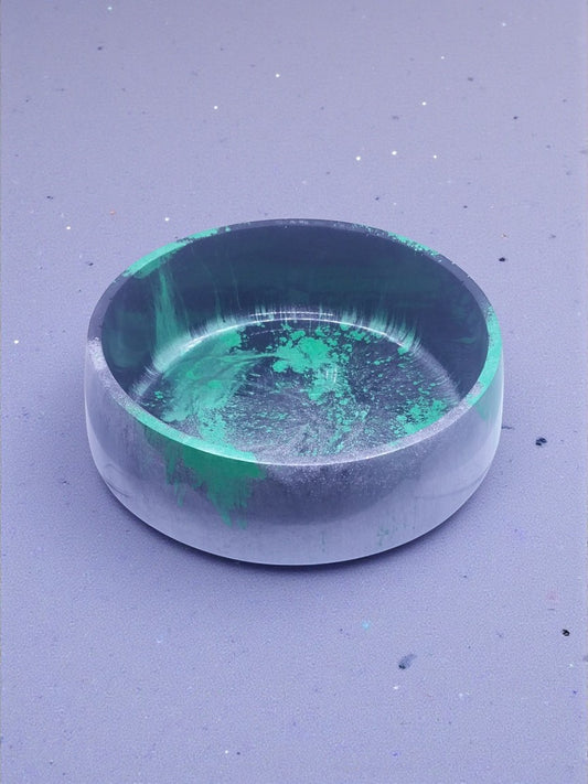Artymunk3y decorative bowl in marbled grey, black, and emerald green resin. Unique handcrafted design.