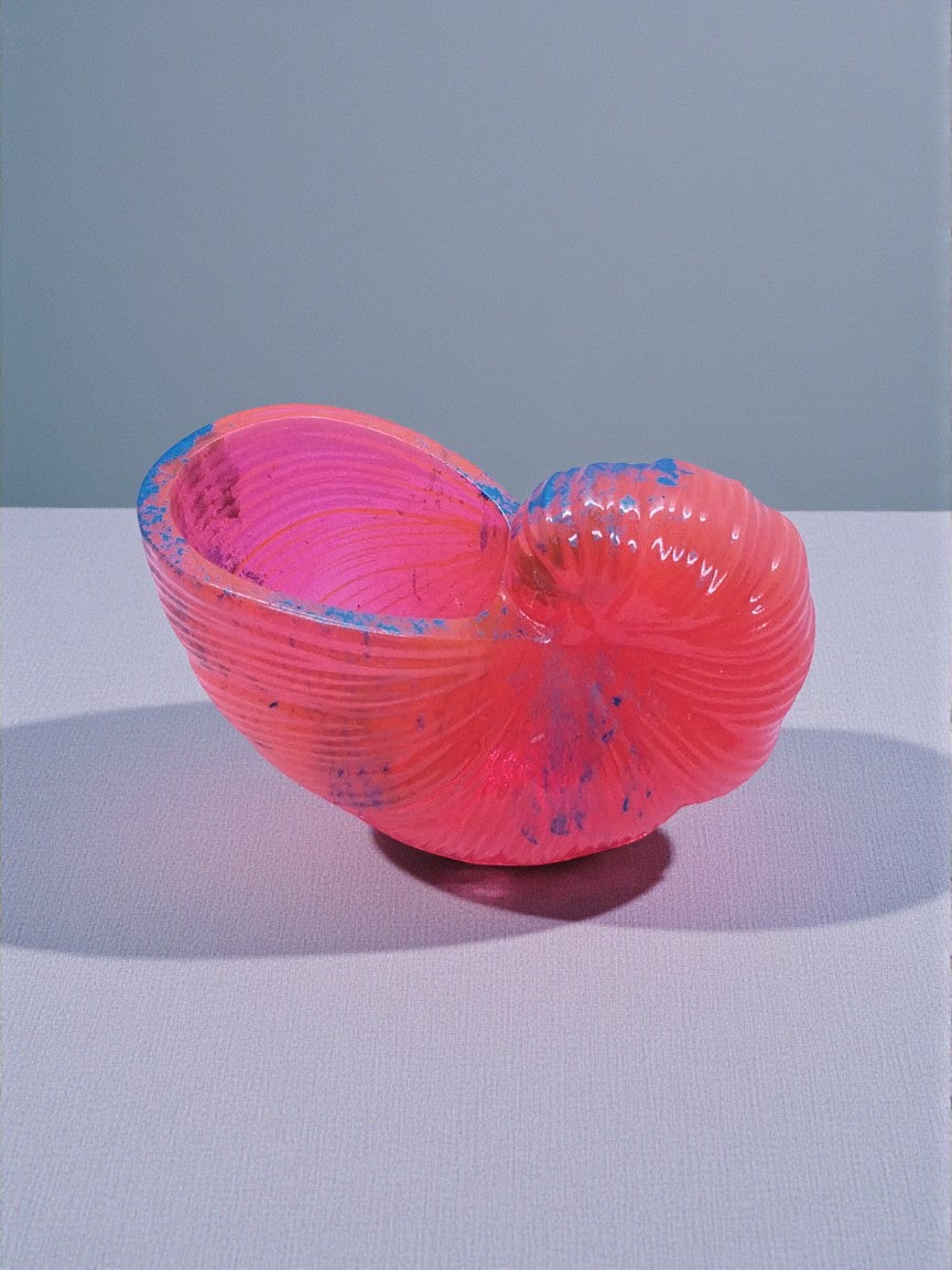 Artymunk3y neon pink nautilus shell decorative bowl with electric blue accents and ribbed texture.