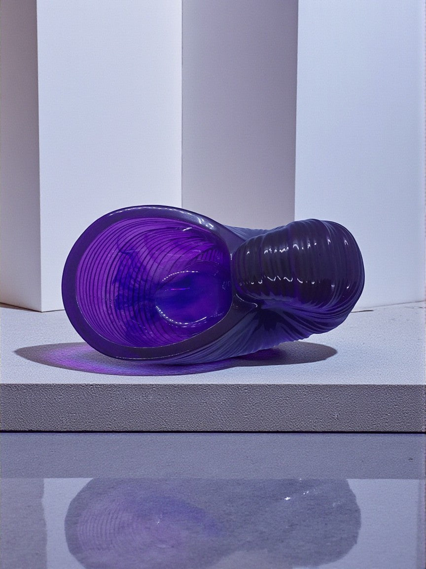 Artymunk3y purple and white translucent acrylic nautilus shell shaped decorative bowl with ribbed interior.
