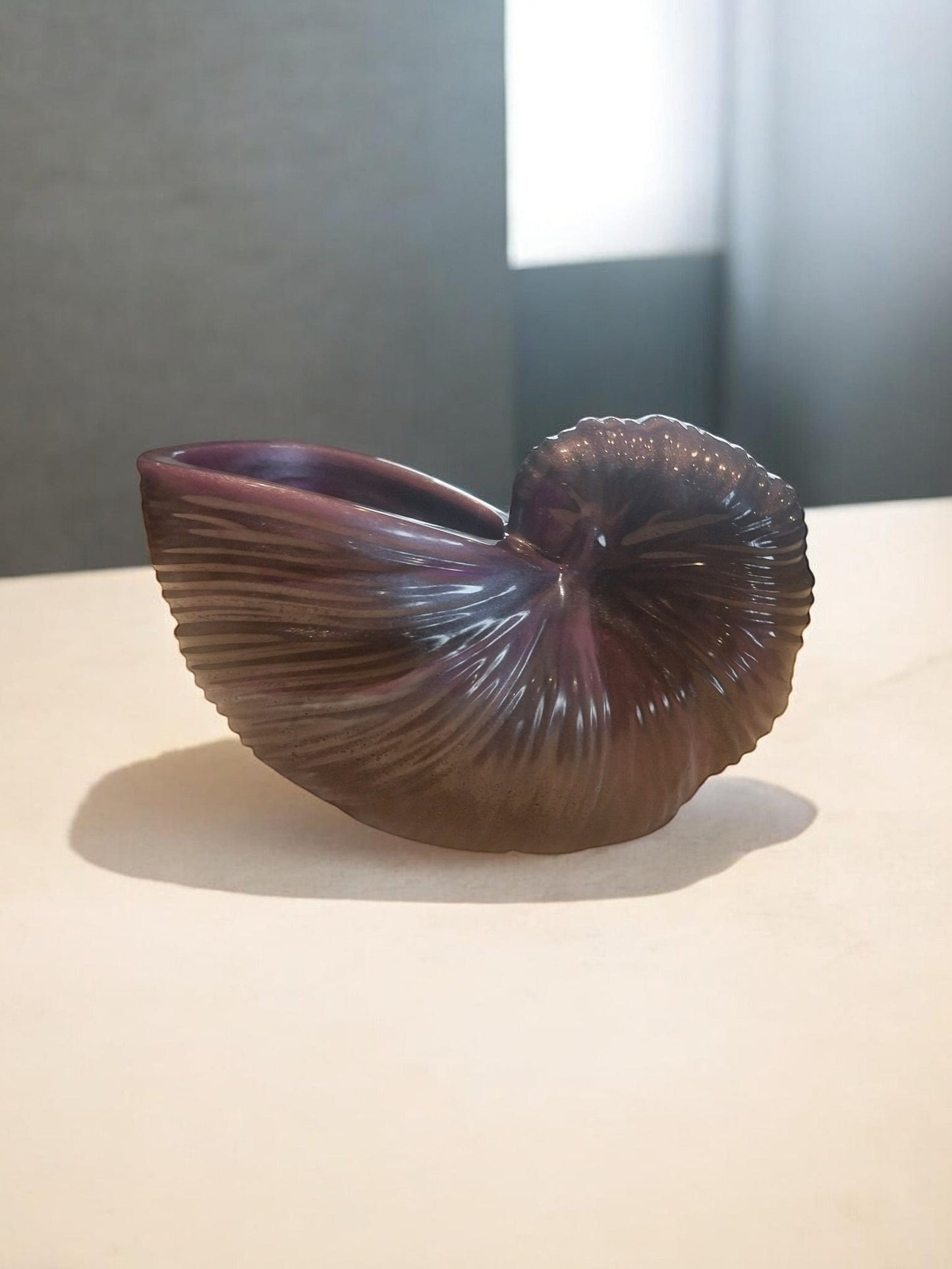 Artymunk3y iridescent purple nautilus shell decorative bowl with intricate ridges, perfect for trinkets or coastal decor.