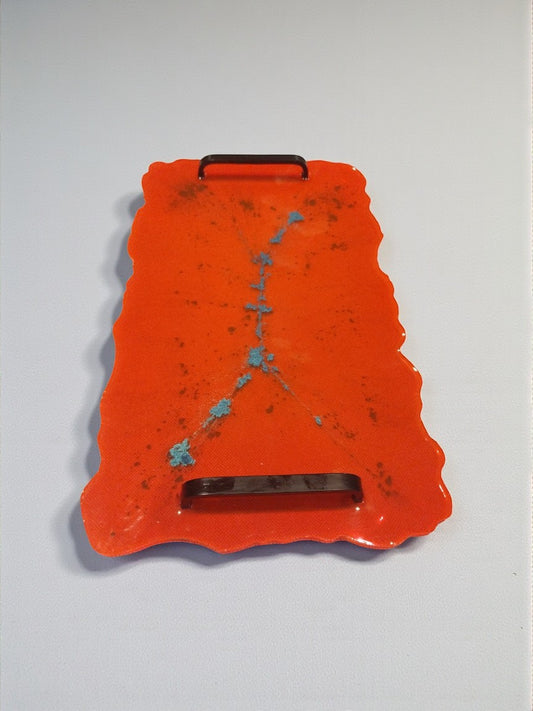 Artymunk3y Orange Resin Serving Tray with black handles and turquoise flecks. Irregular edge design.