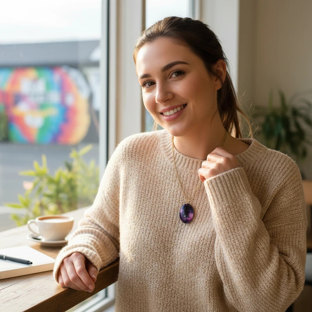 A woman wearing an Artymunk3y oval purple resin pendant necklace with a gold chain, styled with a beige sweater.