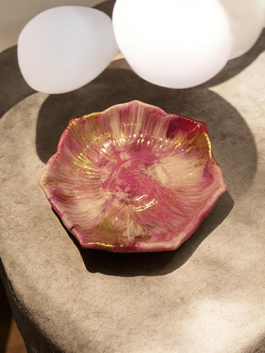 Artymunk3y decorative petal shaped trinket dish in pink, white, and gold. Scalloped edges, glossy finish.