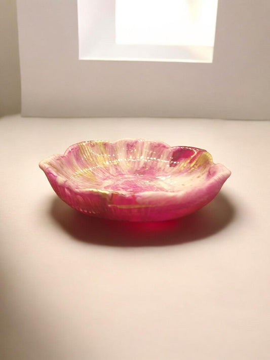 Artymunk3y pink, white, and gold swirled petal-shaped trinket dish with scalloped edges.