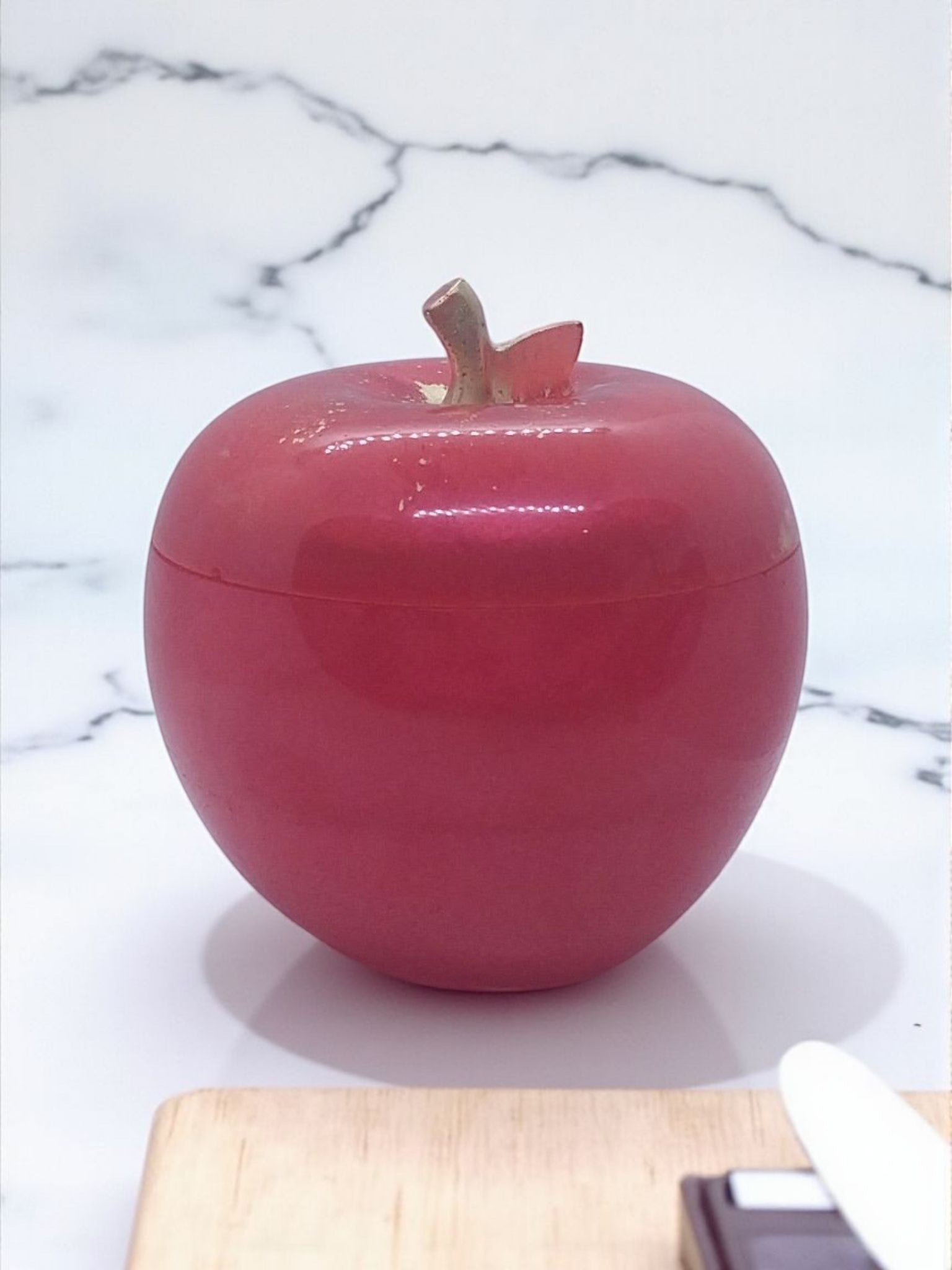Artymunk3y decorative apple shaped trinket box container, glossy pink resin with gold flecks and stem detail. Perfect for jewelry.
