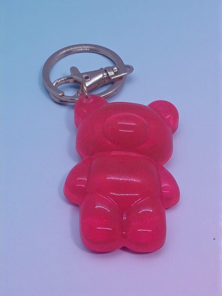 Artymunk3y pink translucent resin gummy bear keychain accessory with silver keyring