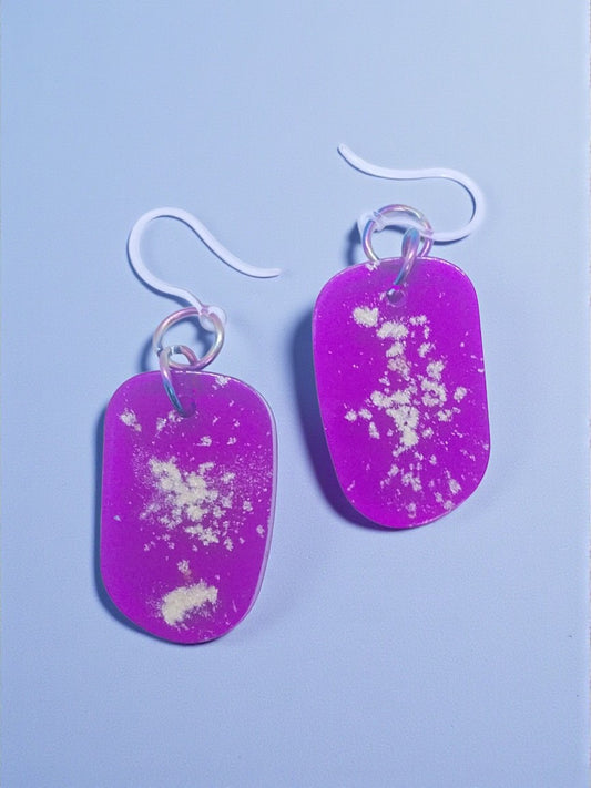 Artymunk3y purple abstract resin dangle earrings with white flecks and hypoallergenic ear wires.