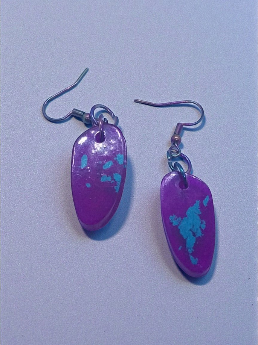 Artymunk3y purple stone drop earrings with blue accents, smooth polished stones, hypoallergenic hooks.
