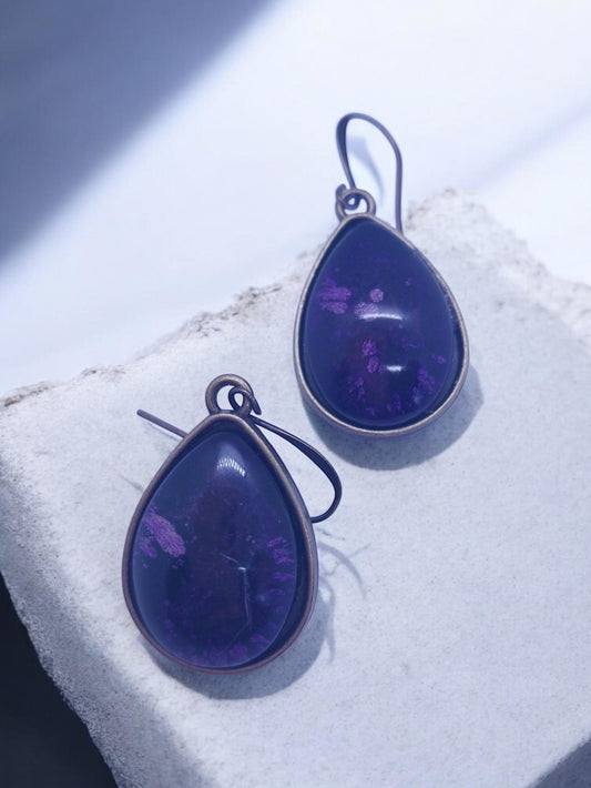 Artymunk3y teardrop purple gemstone dangle earrings with antiqued metal bezel and ear wires.