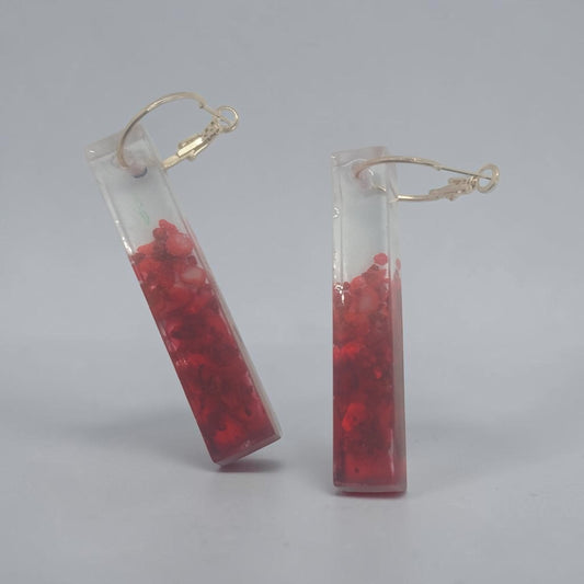 Artymunk3y rectangular resin drop earrings with clear and red gradient accents on gold-tone hoop findings.