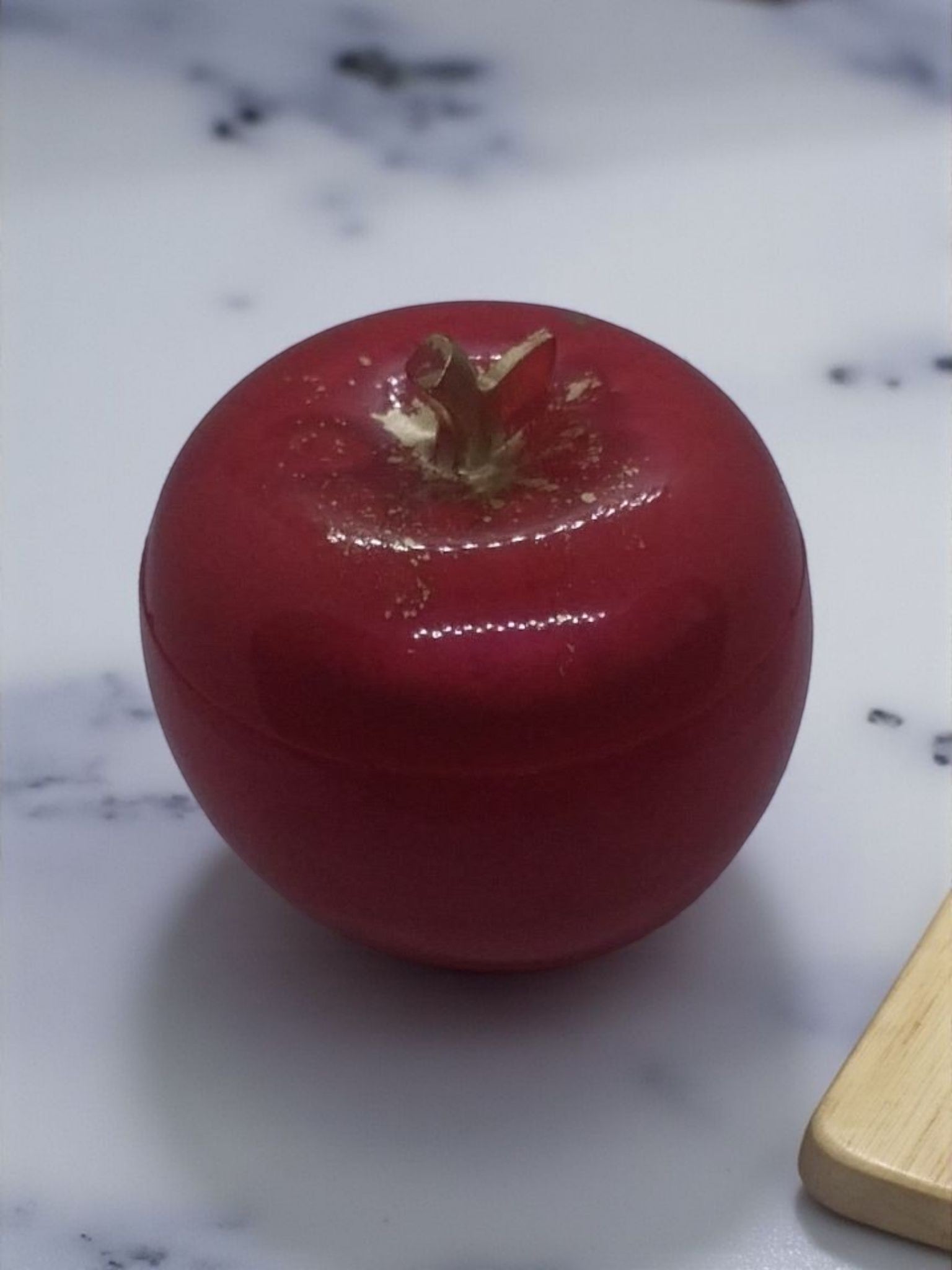Artymunk3y red apple shaped trinket box with gold flecks and stem detail. Resin decorative container.