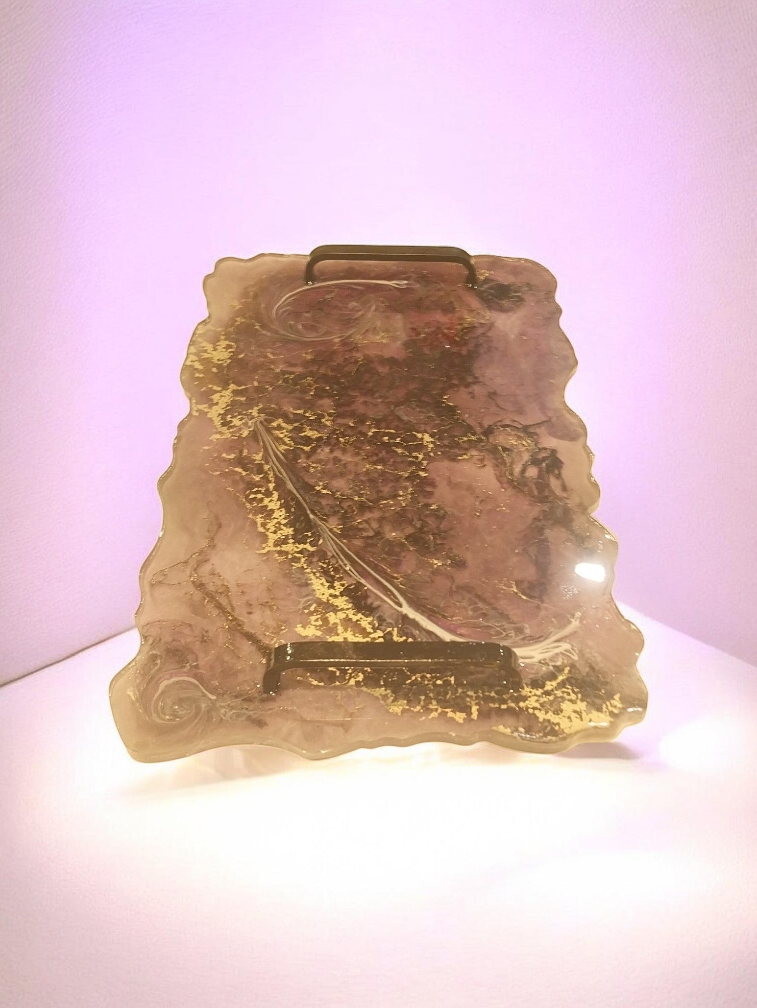 Artymunk3y decorative resin serving tray with handles, featuring a marbled pattern with gold flakes and an organic edge.