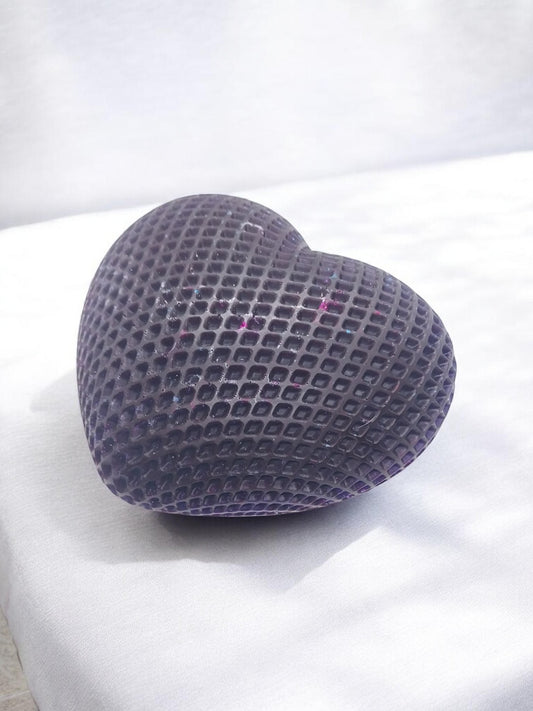 Artymunk3y dark purple textured heart-shaped decorative object with geometric pattern and subtle glitter flecks.