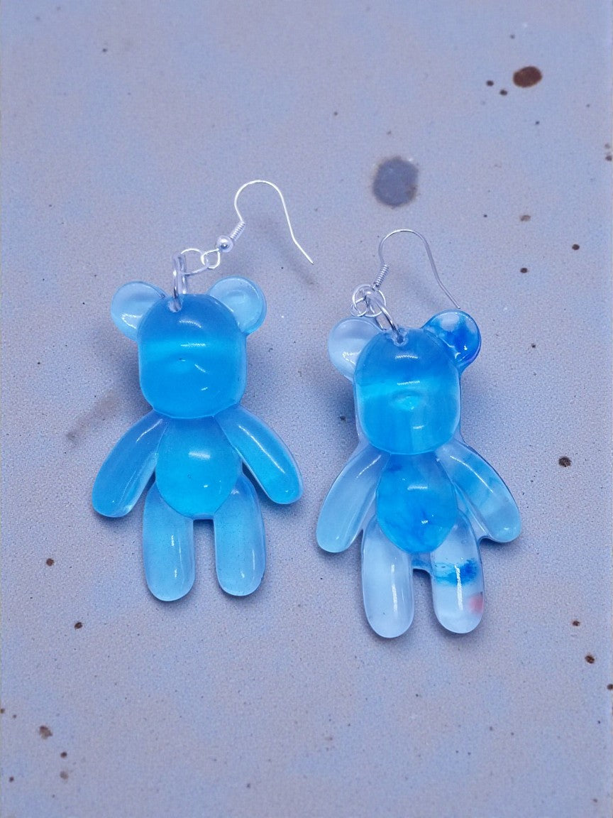 Artymunk3y translucent blue bear dangle earrings with silver-plated hooks. Unique gradient resin design.